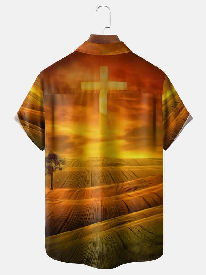 Crucifix Chest Pocket Short Sleeve Casual Shirt