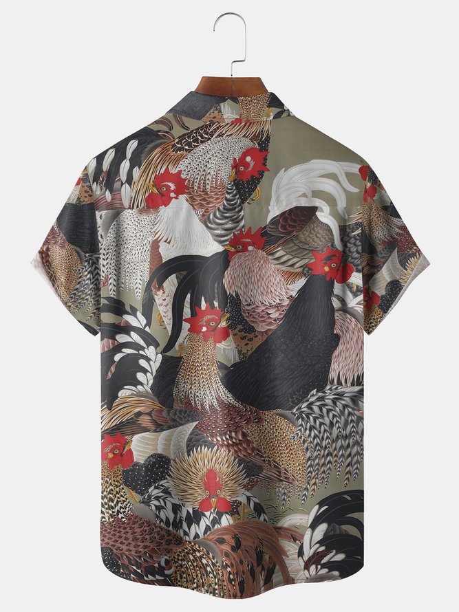 Ukiyoe Rooster Chest Pocket Short Sleeve Casual Shirt