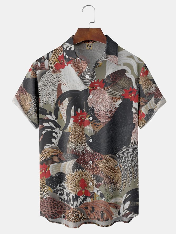 Ukiyoe Rooster Chest Pocket Short Sleeve Casual Shirt