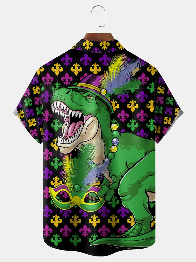 MARDI GRAS Dinosaur Chest Pocket Short Sleeve Shirt