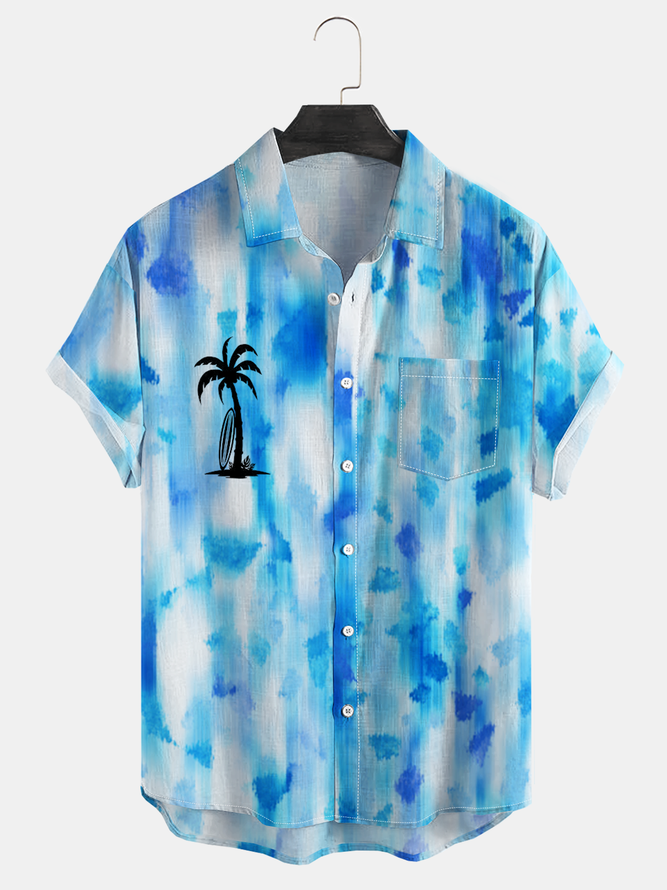Gradient Coconut Tree Chest Bag Short Sleeve Vacation Shirt
