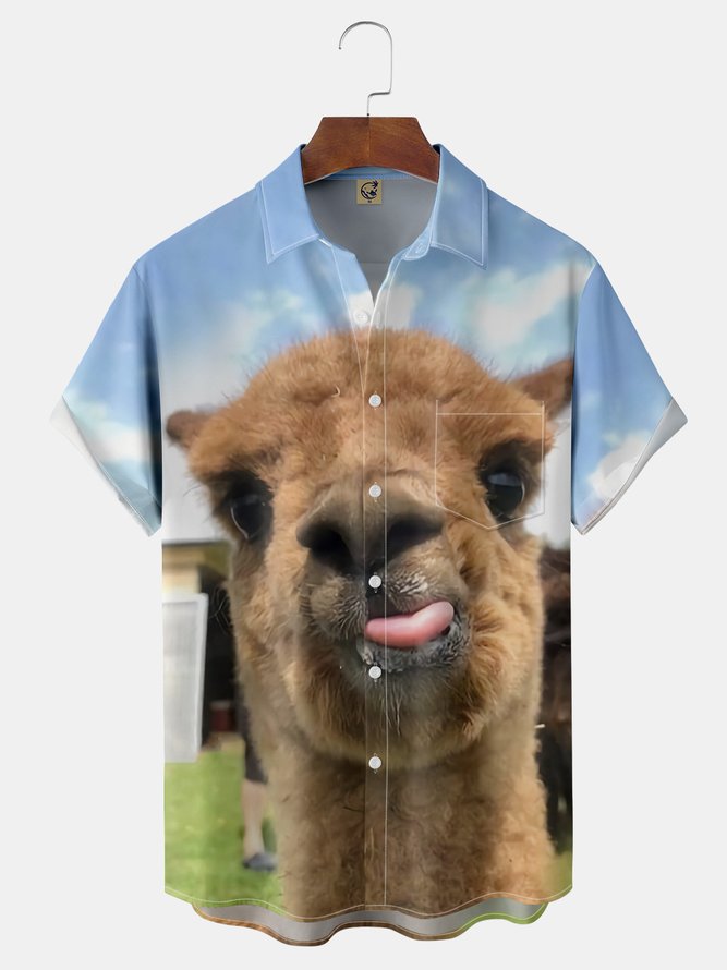 Alpaca Chest Pocket Short Sleeve Casual Shirt