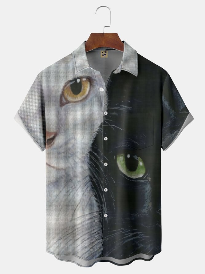 Cat Illustration Chest Pocket Short Sleeve Casual Shirt