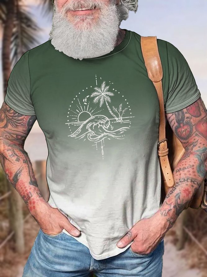 Gradient Color Coconut Tree Crew Neck Casual T-Shirt