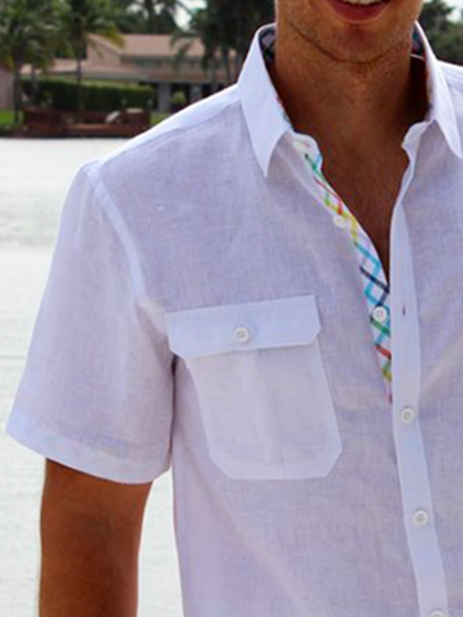 Plaid Splicing Double Flap Pocket Short Sleeve Shirt