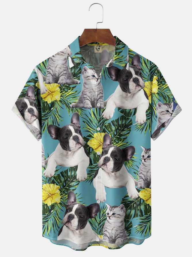 Plant Dog Chest Pocket Short Sleeve Hawaiian Shirt