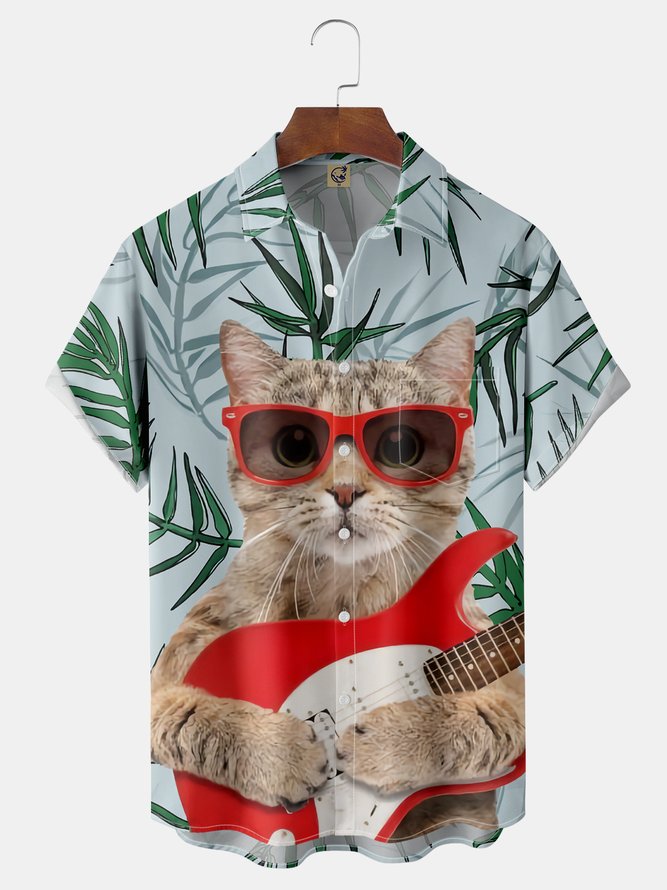 Cat Guitar Chest Pocket Short Sleeve Hawaiian Shirt