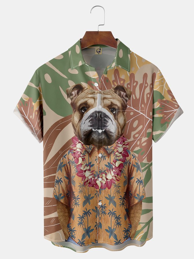 Dog Print Chest Pocket Short Sleeve Hawaiian Shirt