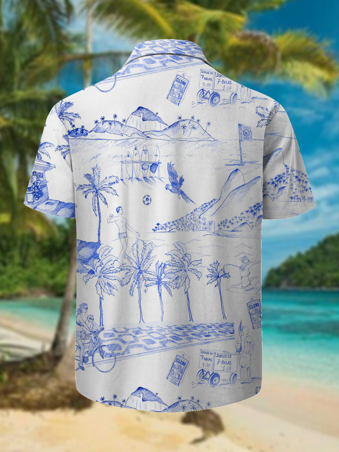 Hawaiian Beach Scene Chest Pocket Short Sleeve Aloha Shirt
