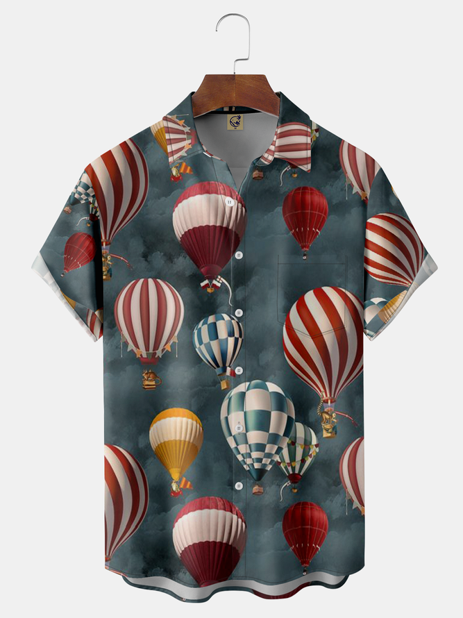 Air Balloon Chest Pocket Short Sleeve Hawaiian Shirt