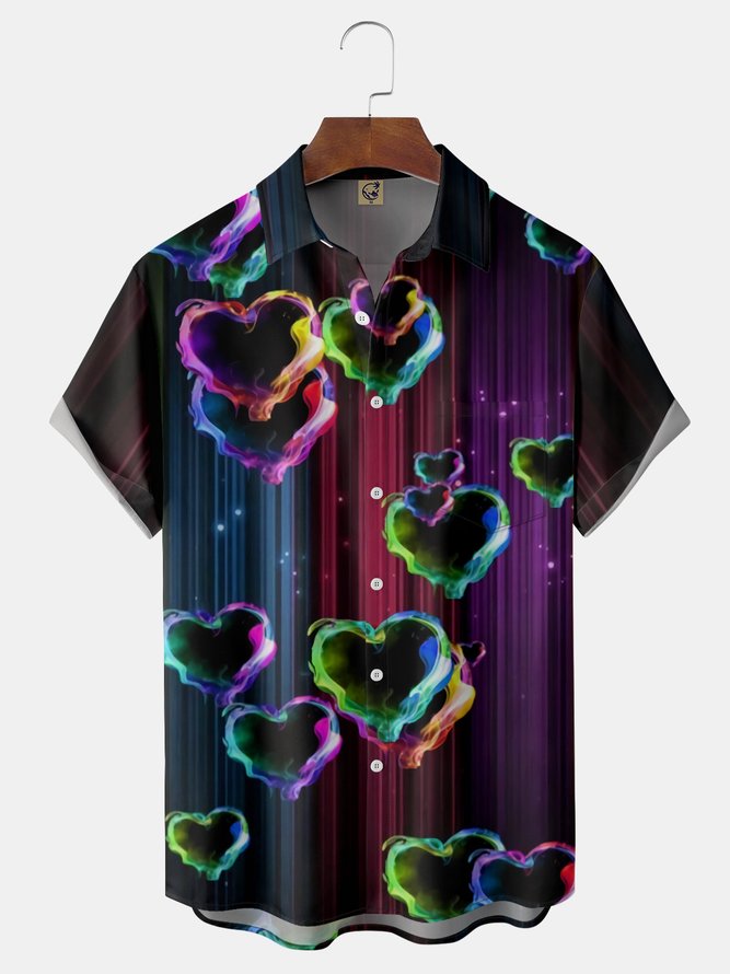 St Valentine's Day Heart Chest Pocket Short Sleeve Casual Shirt