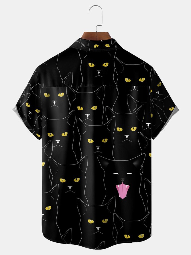 Interesting Cat Chest Pocket Short Sleeve Shirt
