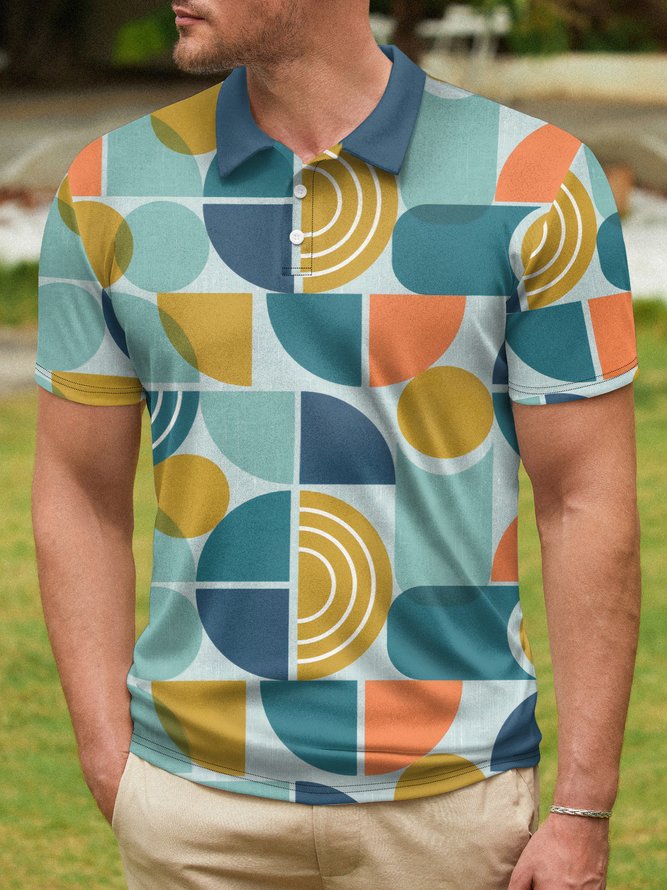 Mid Century Pattern Button Short Sleeve Polo Shirt