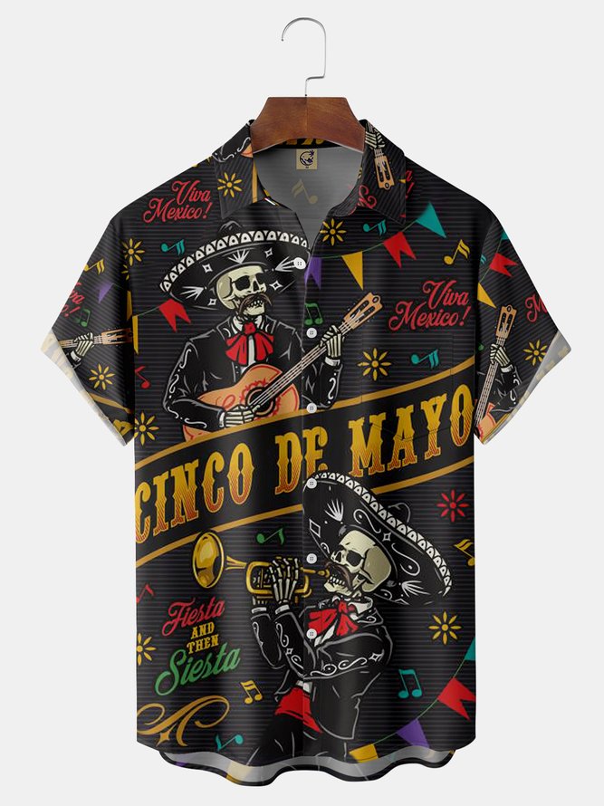 Skull Guitar Cinco De Mayo Chest Pocket Short Sleeve Shirt