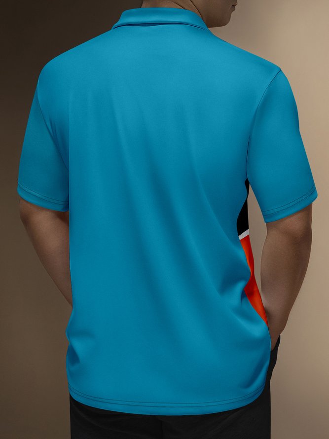 Geometric Color Block Zip Short Sleeve Polo Shirt