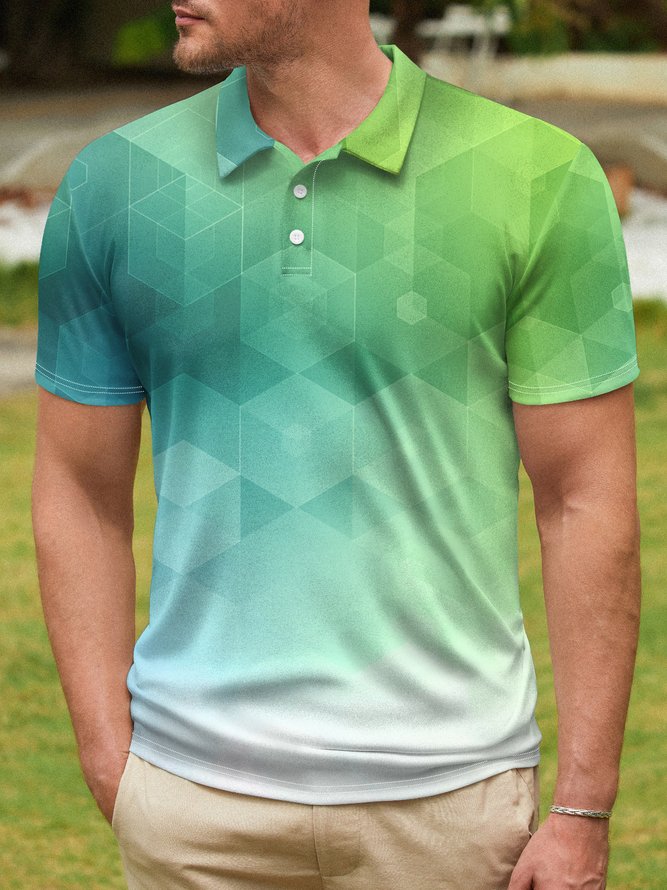 3D Gradient Geometric Button Short Sleeve Polo Shirt