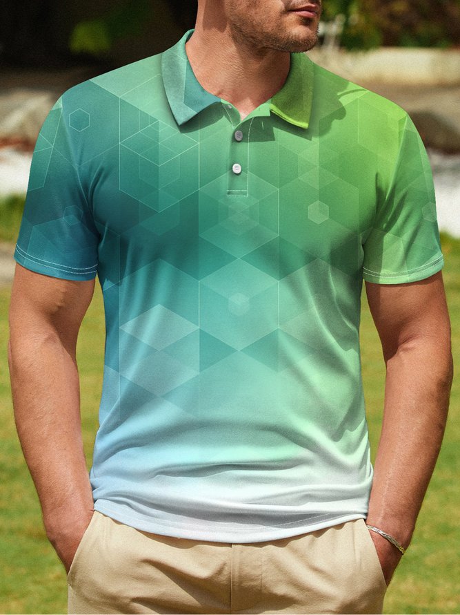 3D Gradient Geometric Button Short Sleeve Polo Shirt