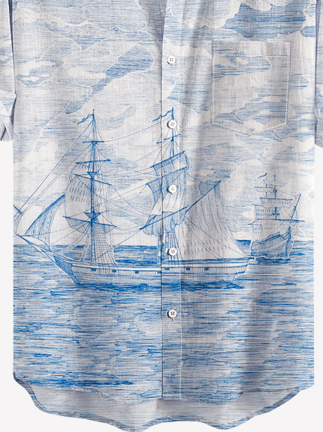Ocean Nautical Printed Chest Pocket Short Sleeve Casual Shirt