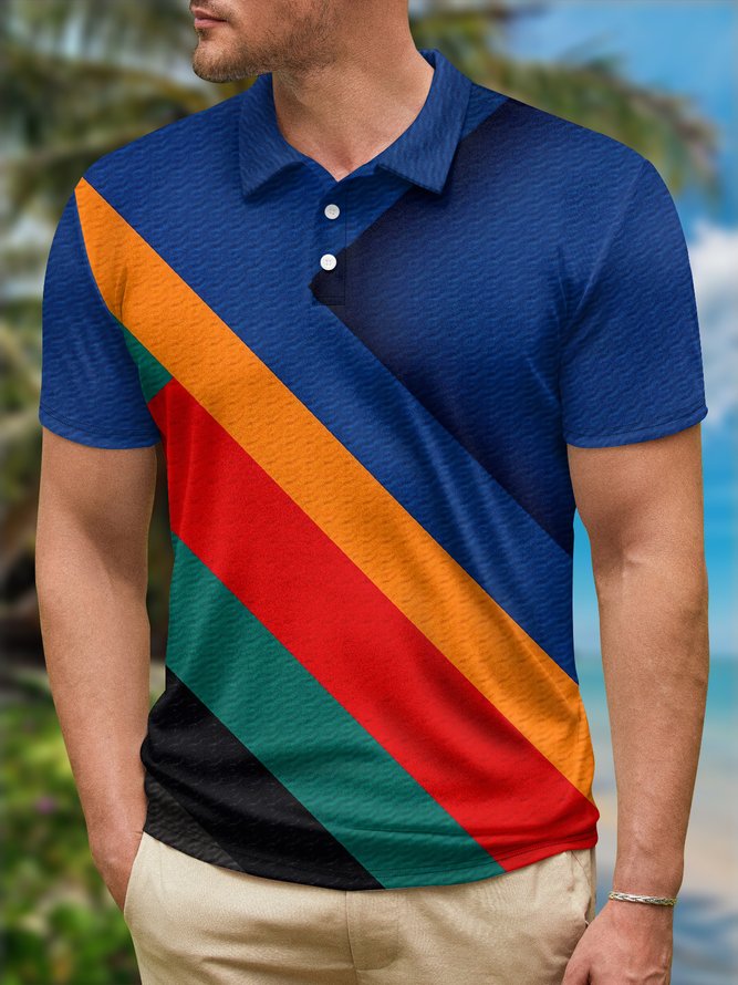 Geometric Color Block Button Short Sleeve Golf Polo Shirt