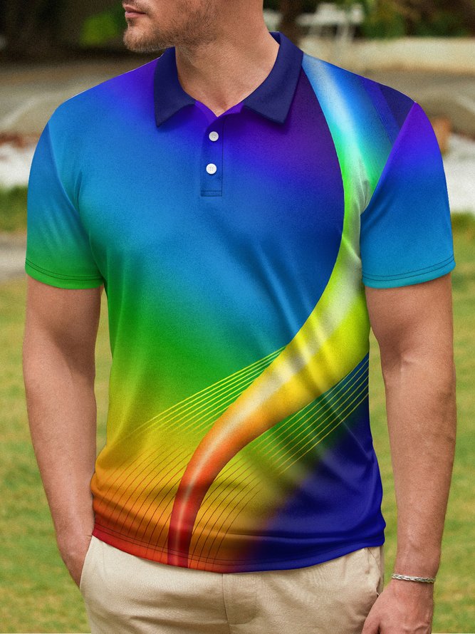 3D Gradient Abstract Geometric Button Short Sleeve Golf Polo Shirt
