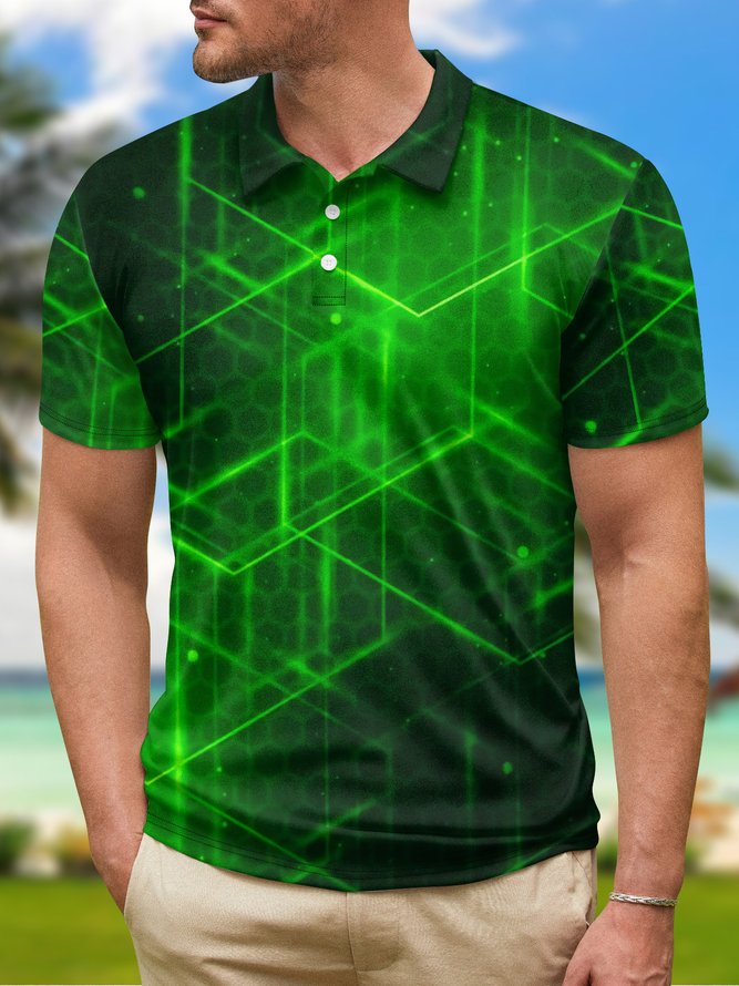 3D Gradient Abstract Geometric Button Short Sleeve Polo Shirt