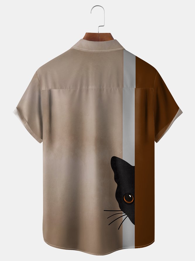 Cat Chest Pocket Short Sleeve Bowling Shirt