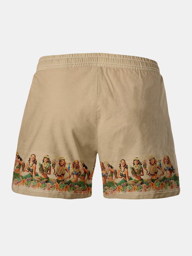 Hula Girl Drawstring Beach Shorts