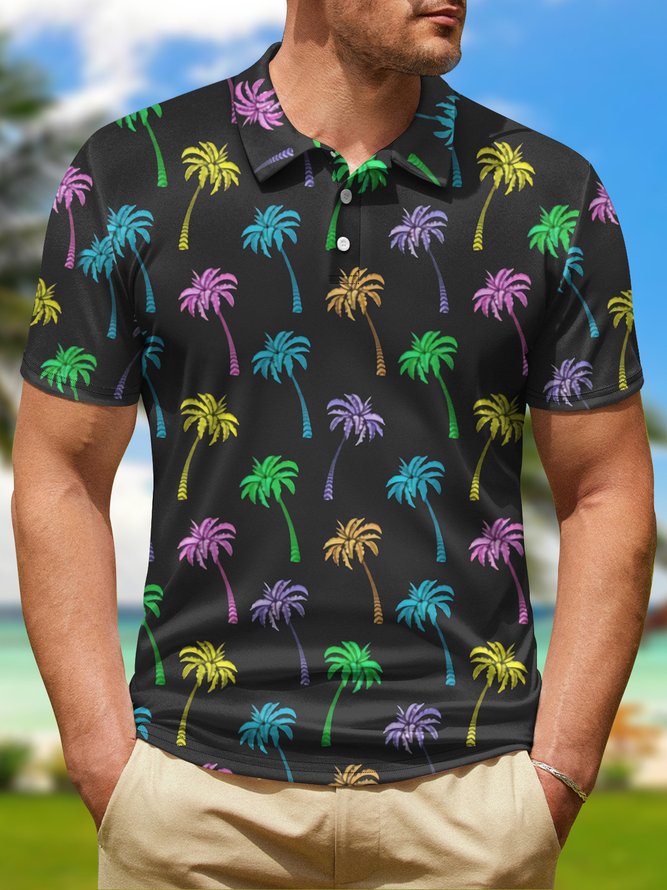 Hawaiian Coconut Tree Button Short Sleeve Golf Polo Shirt
