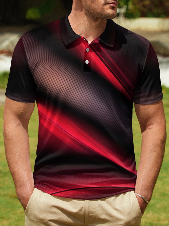3D Gradient Abstract Stripe Button Short Sleeve Polo Shirt