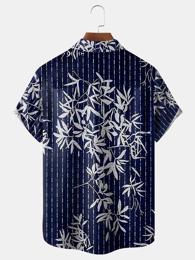 Japanese Leaves Chest Pocket Short Sleeve Casual Shirt