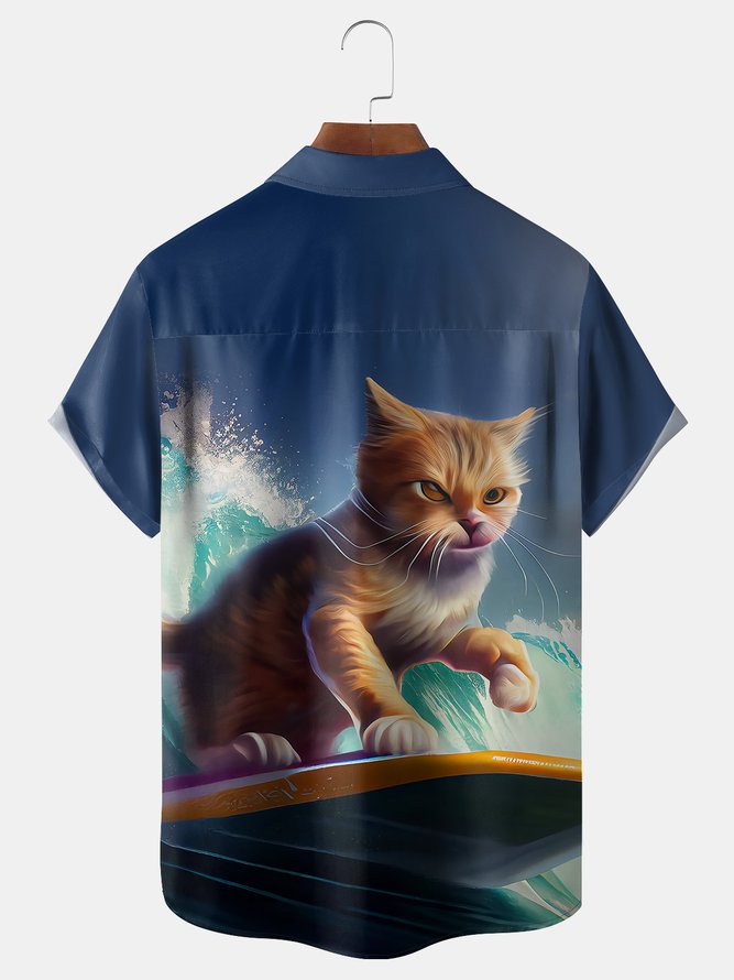 Cat Surfing Chest Pocket Short Sleeve Casual Shirt