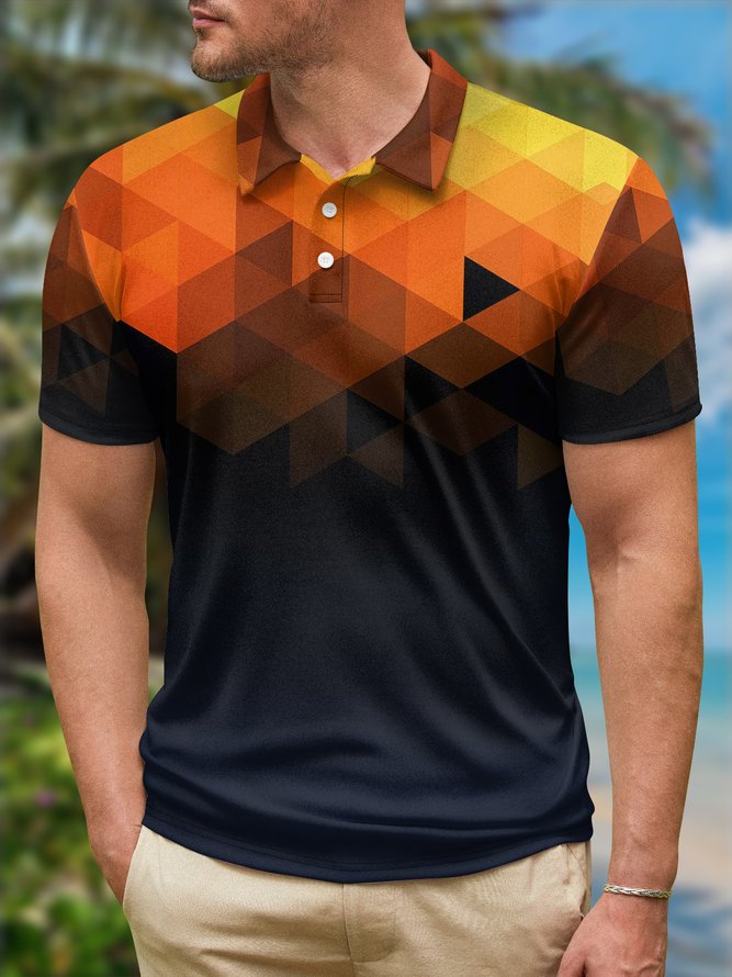 Ombre Geometric Button Short Sleeve Polo Shirt