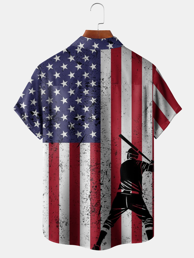 Baseball American Flag Chest Pocket Short Sleeve Casual Shirt