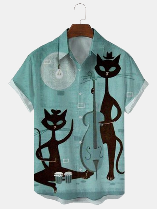 Big Size Musical Cat Chest Pocket Short Sleeve Casual Shirt