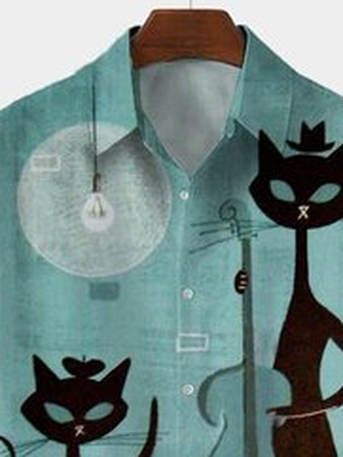 Big Size Musical Cat Chest Pocket Short Sleeve Casual Shirt