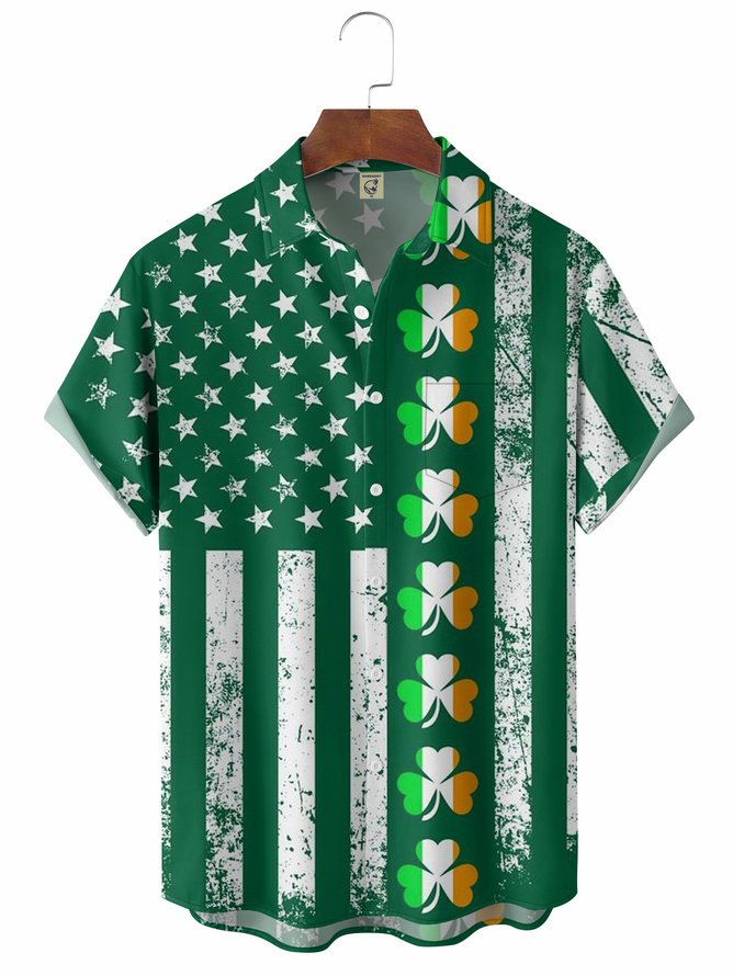 Big Size St Patrick‘s Day American Flag Chest Pocket Short Sleeve Shirt