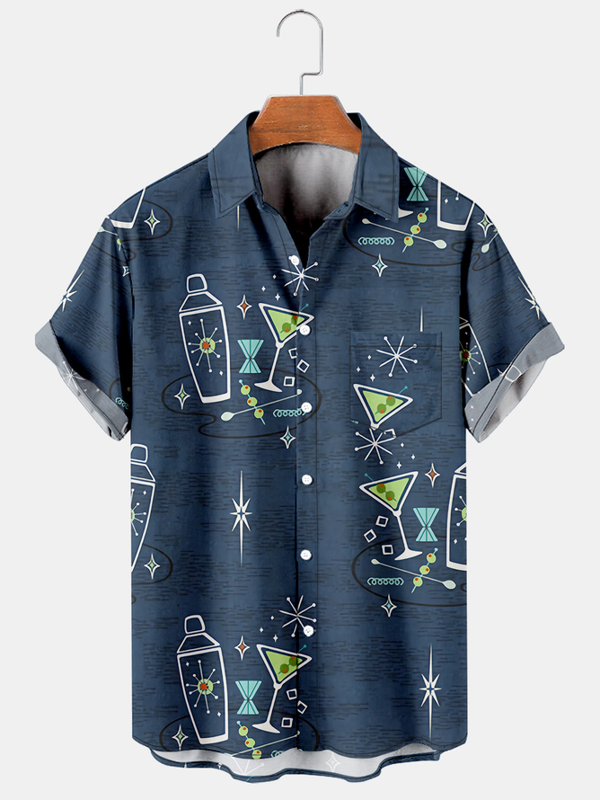 Big Size Geometric Cocktail Chest Pocket Short Sleeve Shirt