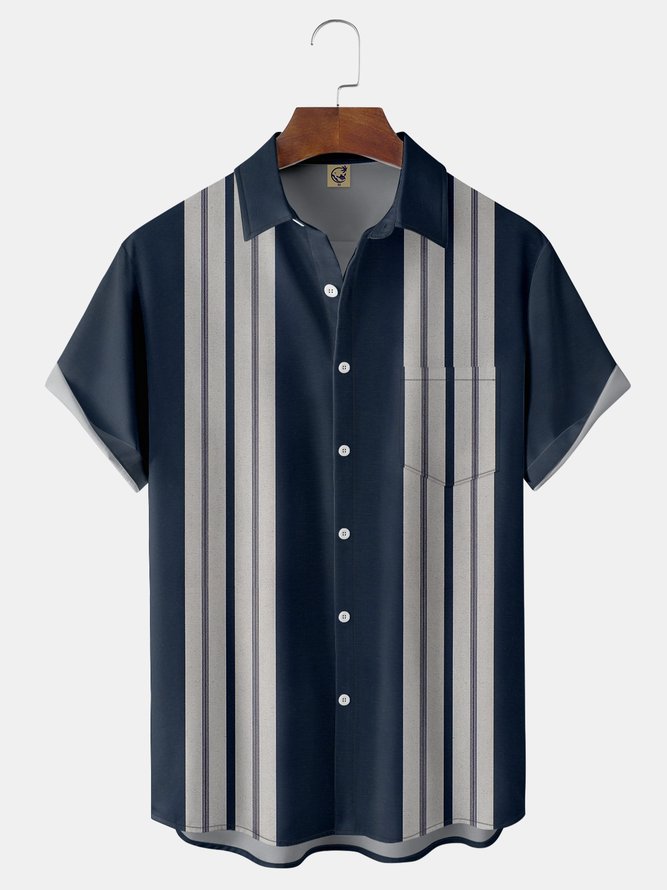 Geometric Stripes Chest Pocket Short Sleeve Bowling Shirt