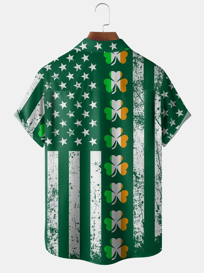 Big Size St Patrick‘s Day American Flag Chest Pocket Short Sleeve Shirt