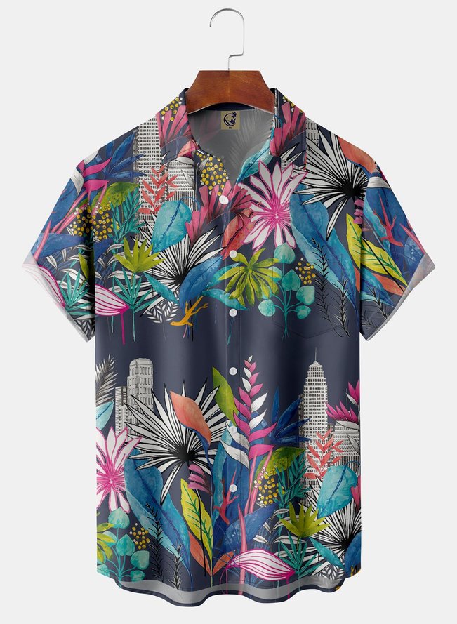 Tropical Plants Chest Pocket Short Sleeve Aloha Shirt