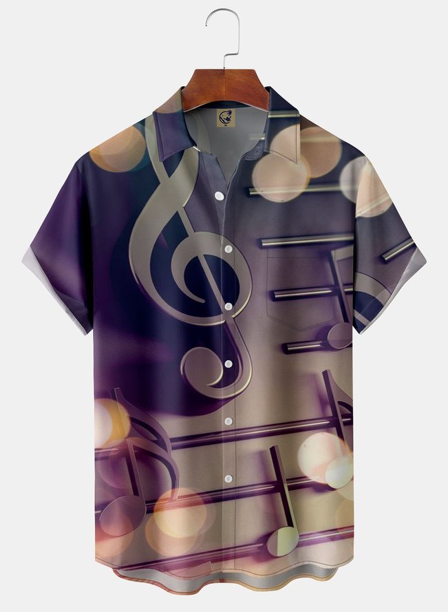 3D Music Notes Chest Pocket Short Sleeve Casual Shirt