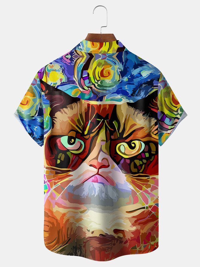 Cat Oil Painting Chest Pocket Short Sleeve Casual Shirt