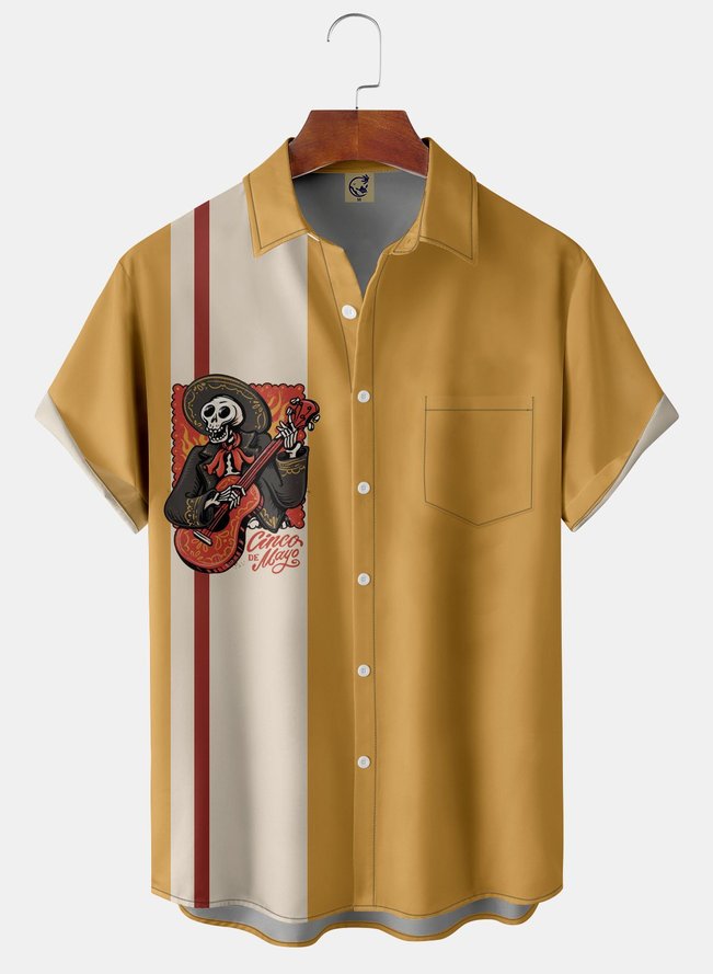 Mexican Skull Guitar Chest Pocket Short Sleeve Bowling Shirt