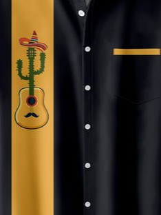 Mexican Guitar Chest Pocket Short Sleeve Bowling Shirt