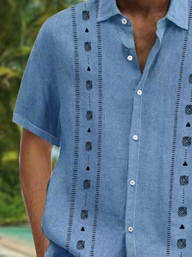 Ethnic Stripe Chest Pocket Short Sleeve Casual Shirt