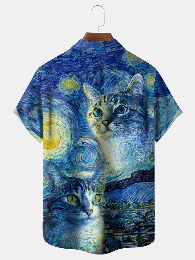 Oil Painting Cat Chest Pocket Short Sleeve Shirt