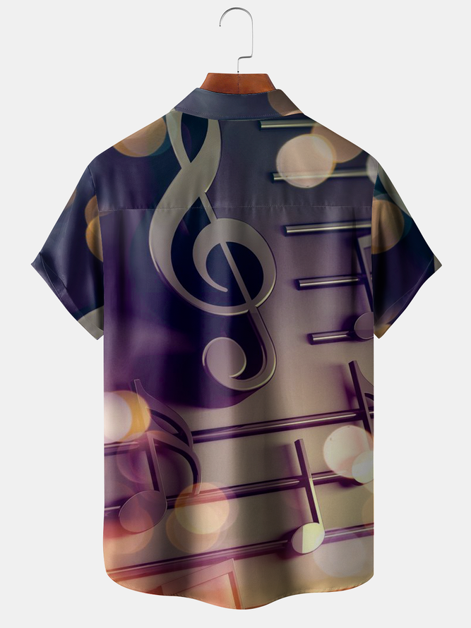 3D Music Notes Chest Pocket Short Sleeve Casual Shirt