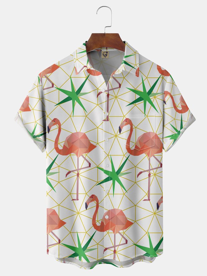 Flamingo Chest Pocket Short Sleeve Hawaiian Shirt