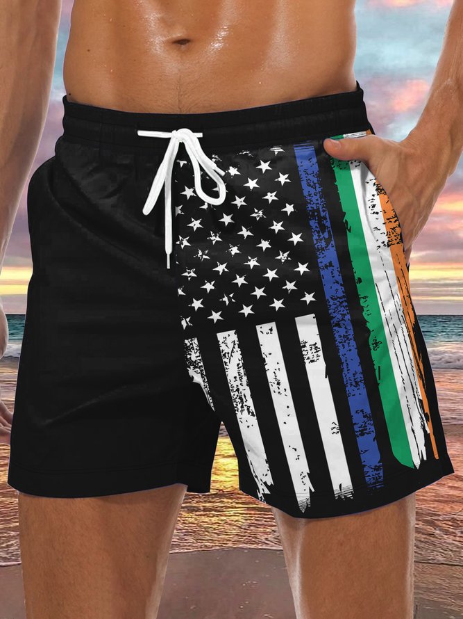 American Flag St. Patrick's Day Drawstring Beach Shorts