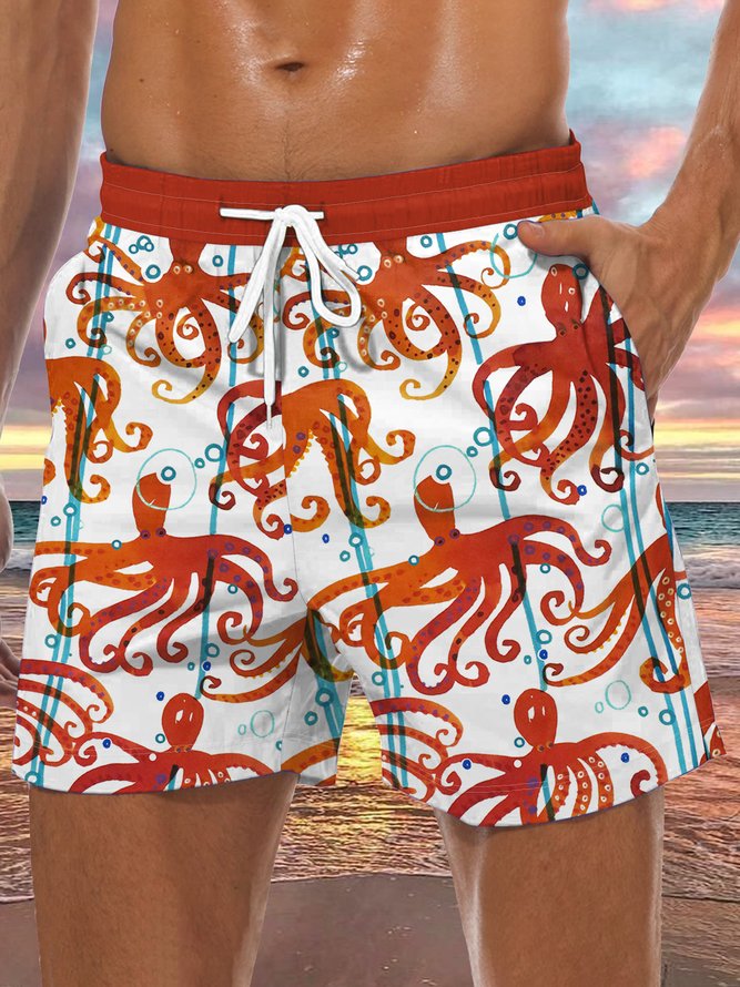 Marine Life Octopus Drawstring Beach Shorts